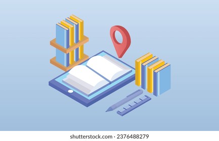 library concept easy access to information touch screen book pad ebook. .on blue background.3D design.isometric vector design Illustration.