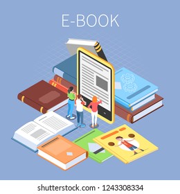 Library Concept With Online Reading And Ebooks Symbols Isometric Vector Illustration