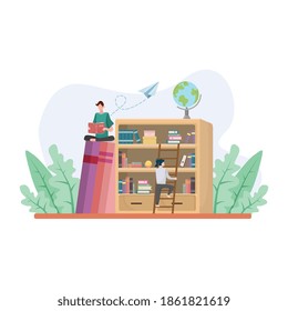 Library concept. Students reading and find book. University college library, flat vector illustration