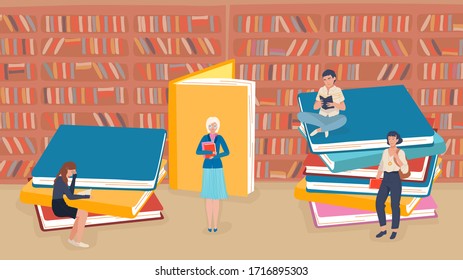 Library concept, tiny people sitting on huge books, vector illustration. Students reading books, men and women studying in library. People in bookstore, cartoon characters reading literature, learning