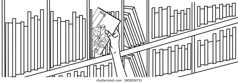 Concepto de biblioteca en estilo de contorno vectorial. Estantes de libros en la biblioteca pública. La mano sostiene el libro y lo pone en el estante. Pancarta horizontal de revisión de libros.