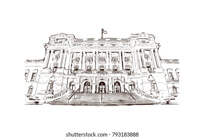 Library of Congress Thomas Jefferson building in Washington DC, USA. Hand drawn sketch illustration in vector.