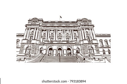 Library of Congress Thomas Jefferson building in Washington DC, USA. Hand drawn sketch illustration in vector.