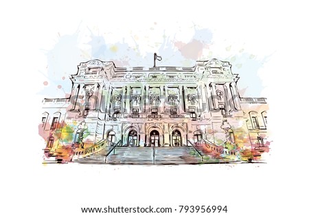 Library of Congress in Washington, DC.  Watercolor splash with sketch illustration in vector.