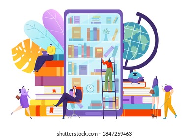 Library with digital book technology, vector illustration. Online education knowledge in smartphone, study literature at flat internet. Web information app concept, electronic learning.