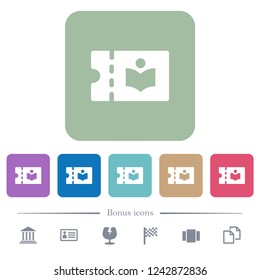 Library discount coupon white flat icons on color rounded square backgrounds. 6 bonus icons included