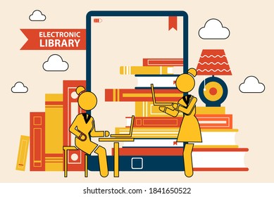 The library in the e-book. Online library education, files knowledge concept. Stack of books on tablet screen. Girls with laptops in books store reading electronic book, distance digital learning