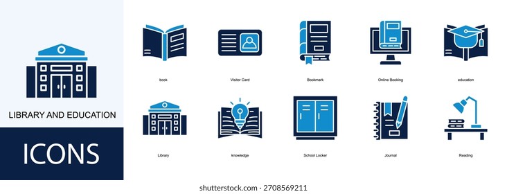 Sammlung von Bibliotheks- und Bildungssymbolen. Enthaltend Buch, Visitor Card, Lesezeichen, Online-Buchung, Bildung Symbol.
