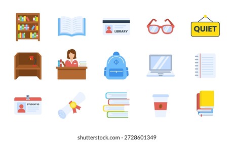 Conjunto de iconos de Biblioteca y Educación, Ilustración vectorial plana de útiles escolares, Colección de libros y Elementos de estudiantes universitarios