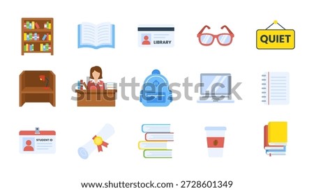 Library and Education Icon Set, Flat Vector Illustration of School Supplies, Book Collection, and University Student Elements