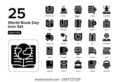 Library and Education Icons. World Book Day Celebration. Book Stacks, Literature, and Study Symbols. Vector Illustration.