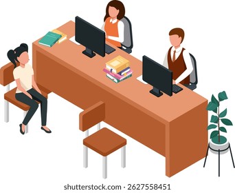 Library employees working with computers at information desk assisting a customer requesting information about books and documents in an isometric illustration
