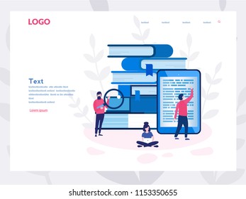 library of encyclopedia, e-learning, media library or web archive Concept for web page, banner, presentation, social media. Vector illustration Technology and literature, Dictionary, team work.