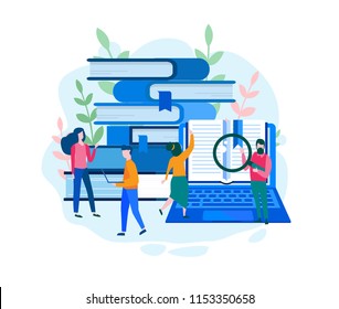 library of encyclopedia, e-learning, media library or web archive Concept for web page, banner, presentation, social media. Vector illustration Technology and literature, Dictionary, team work.