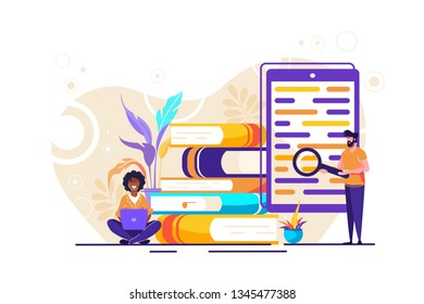 library of encyclopedia, e-learning,  web archive Concept for web page, banner, presentation, social media. Vector illustration Technology and literature, Dictionary, team work.