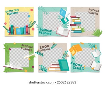 Library event reading book hobby frame transparent copy space design template set isometric vector illustration. Literature festival bookshop bookstore fair education appointment promo poster