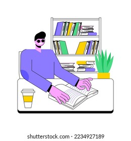 Library facilities isolated cartoon vector illustrations. Blind boy reading book in library, disability people educational process, preparing for college classes, student life vector cartoon.