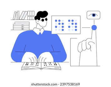 Library facilities isolated cartoon vector illustrations. Blind boy reading book in library, disability people educational process, preparing for college classes, student life vector cartoon.