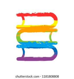 Library, few books. Drawing sign with LGBT style, seven colors of rainbow (red, orange, yellow, green, blue, indigo, violet