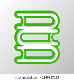 Library, few books. Paper style. Cut symbol with green bold contour on shape and simple shadow