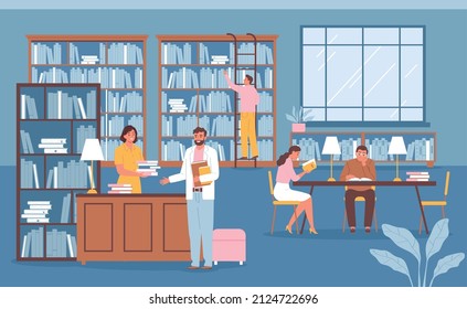 Library flat color background with people reading books at table and searching literature on bookshelves vector illustration