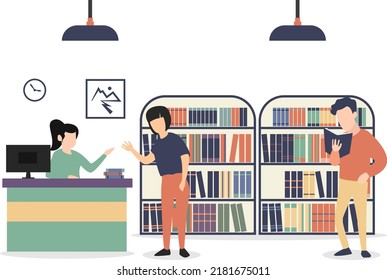 Library flat color background with people reading books and searching literature on bookshe