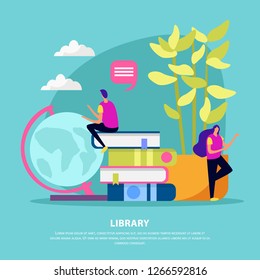 Library flat composition with human characters books house plant and globe on turquoise background vector illustration
