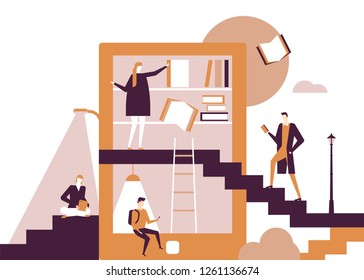 Library - flat design style conceptual colorful illustration on white background. A composition with man, woman reading books using devices, taking literature from shelves. Education, hobby concept
