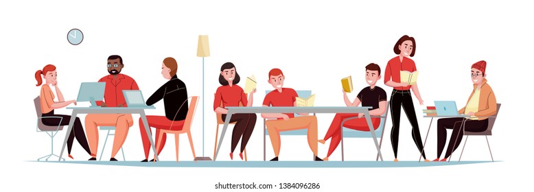 Library flat horizontal banner with visitors sitting in reading room with books magazines laptops tablets vector illustration