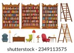 Library furniture interior with bookcases, book shelves. Interior luxury library with wooden furniture. Vintage furniture and wooden cabinet racks. Cozy place for litareture collection