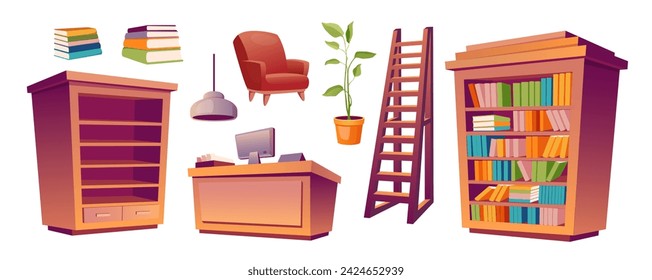 Library furniture mega set in cartoon graphic design. Bundle elements of bookshelf, stack of books, armchair, desk with computer, ladder, lamp, plant, bookcases. Vector illustration isolated objects