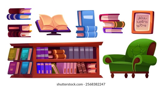 Library furniture set isolated on white background. Vector cartoon illustration of old paper books, piles of literature and textbooks on wooden shelf, cozy armchair, picture frame, bookstore interior