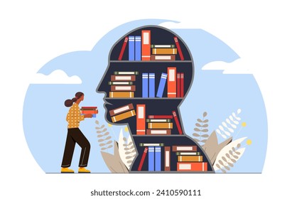 El concepto de la biblioteca. Mujer con libros en silueta abstracta de la cabeza. Jovencita con pila de libros de texto y ficción. Autodesarrollo y educación, aprendizaje. Dibujo vectorial plano de dibujos animados