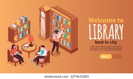 Library horizontal banner with reading symbols isometric vector illustration