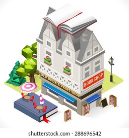 Library Icon Book Shop Building with a Big Book at the Top. 3D Tile for Your Own Isometric Game App. Library building Vector Isometric Icon. 