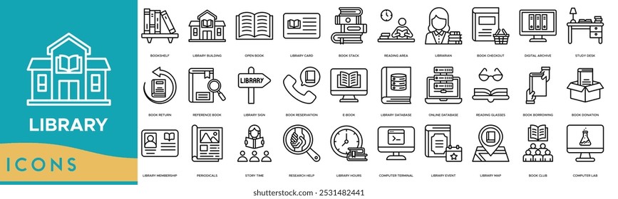 Library icon. Bookshelf, Library Building, Open Book, Library Card and Book Stack