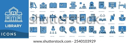 Library icon. Bookshelf, Library Building, Open Book, Library Card and Book Stack