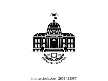 Library Icon – Classical Building with Columns and Dome, Open Book Emitting Rays of Light, Knowledge and Education Symbol, Laurel Branch Emblem, Intellectual Growth Graphic, Black and White Vector Design