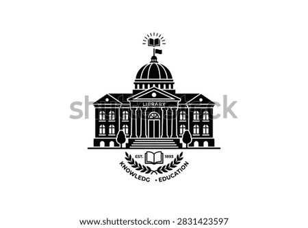 Library Icon – Classical Building with Columns and Dome, Open Book Emitting Rays of Light, Knowledge and Education Symbol, Laurel Branch Emblem, Intellectual Growth Graphic, Black and White Vector Design