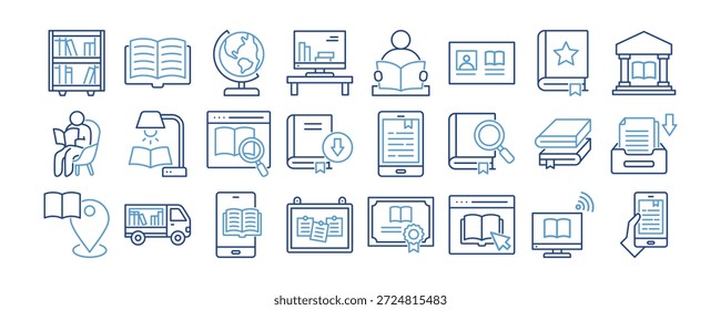 Library icon collection. Containing design Bookshelf, Open book, Globe, Library Computer, Person reading