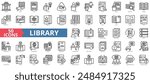 Library icon collection set. Containing book, shelf, reading, quiet, librarian, borrow, return, study, research icon. Simple line vector.