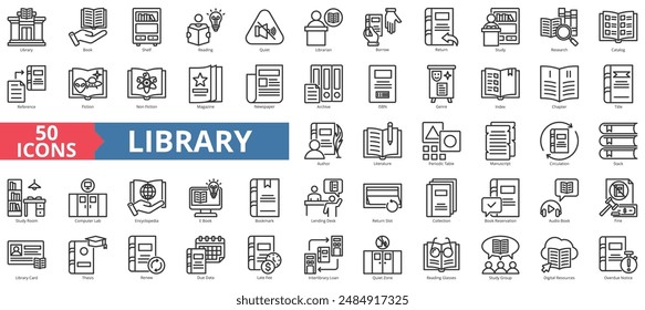 Library icon collection set. Containing book, shelf, reading, quiet, librarian, borrow, return, study, research icon. Simple line vector.