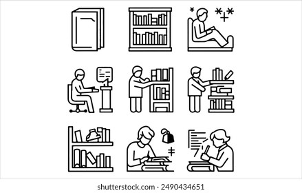 Library icon collection set. Containing book, shelf, reading, quiet, librarian, borrow, return, study, research icon. Simple line vector.