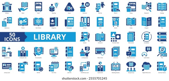 Library icon collection set. Containing book, shelf, reading, quiet, librarian, borrow, return, study, research icon. Simple flat vector.