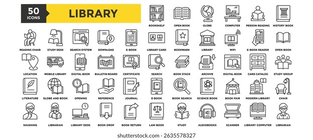 Conjunto de coleções de ícones de biblioteca. Contendo projeto Estante de livros, Livro aberto, Globo, Computador biblioteca, Pessoa lendo	