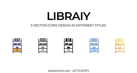 library Icon Design in Five style with Editable Stroke. Line, Solid, Flat Line, Duo Tone Color, and Color Gradient Line. Suitable for Web Page, Mobile App, UI, UX and GUI design.