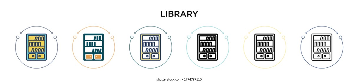 Library icon in filled, thin line, outline and stroke style. Vector illustration of two colored and black library vector icons designs can be used for mobile, ui, web