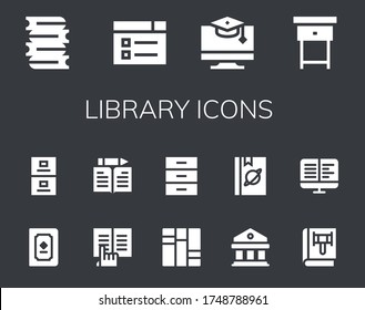 library icon set. 14 filled library icons.  Simple modern icons such as: Books, Learning, Education, Nightstand, Book, Filing cabinet, Ebook, Learn, Cabinet, Courthouse, Ebooks