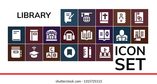 library icon set. 19 filled library icons.  Simple modern icons about  - Book, Dictionary, University, Abc, Bookmark, School, Learning, Library, Audiobook, Reader, Ebook, Bible