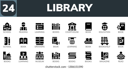 library icon set. 24 filled library icons.  Simple modern icons about  - School, Reading, Learning, Books, Courthouse, Book, Education, Drawers, Bookshelf, Museum, Magazine, Read